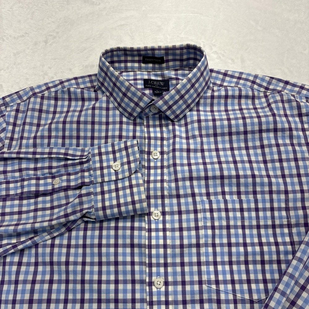 J.CREW Shirt Men's Large 16-16.5 Blue Plaid Thompson Wrinkle Free Long Sleeve